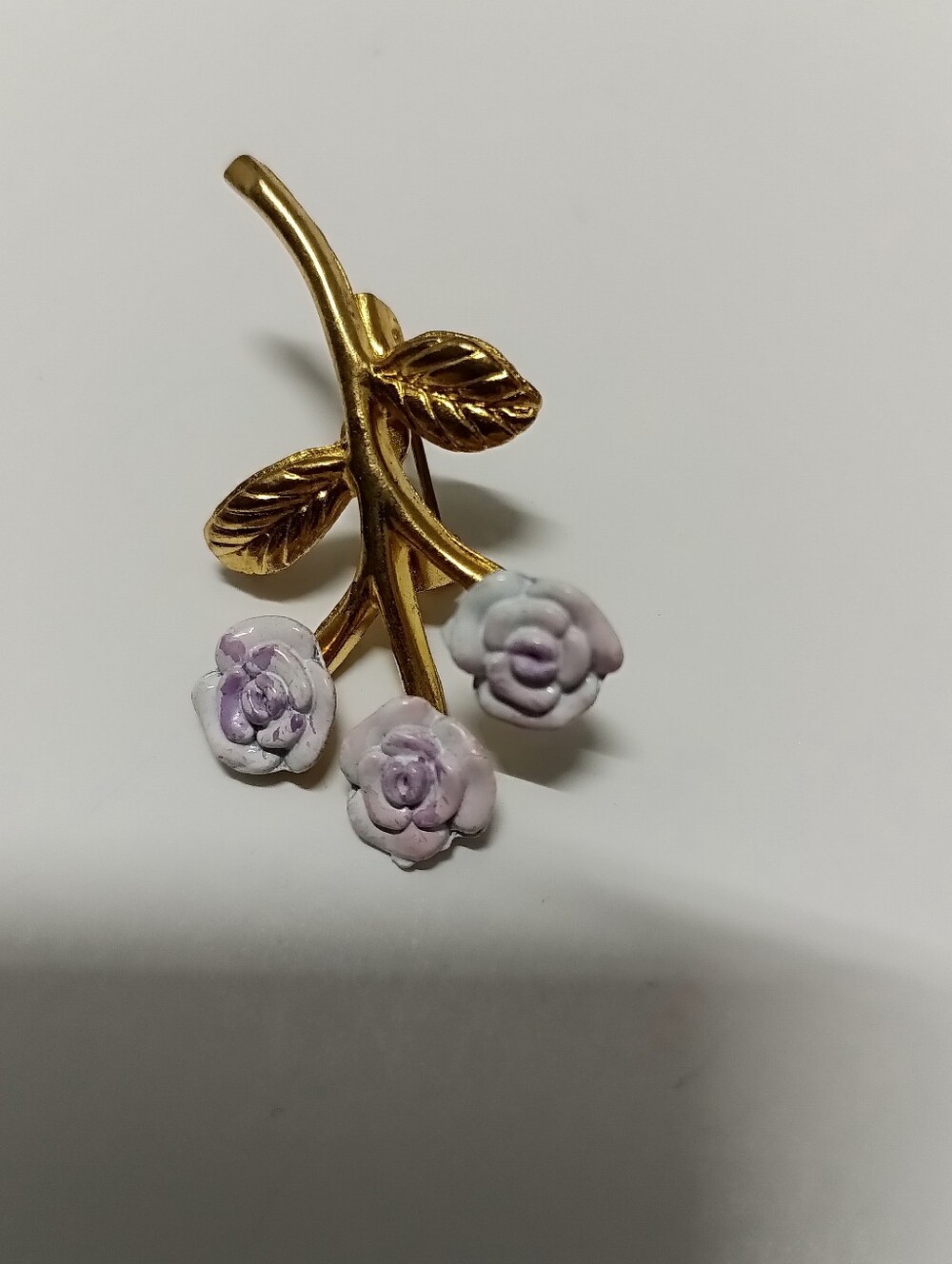 Gold-tone Floral Branch Brooch with Lavender Enamel Roses Vintage